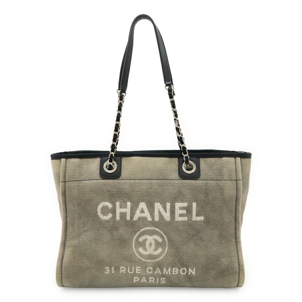 CHANEL Deauville Line Tote MM Bag Shoulder Chain Canvas Leather Gray Black A6... - Picture 2 of 9